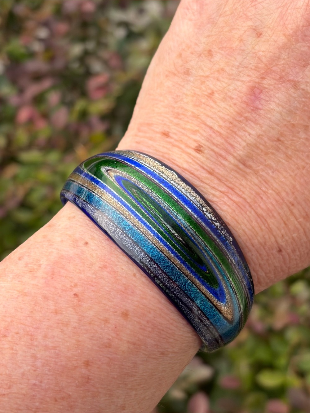 Blue Green Swirl Dichroic Glass Open Cuff Statement Bracelet